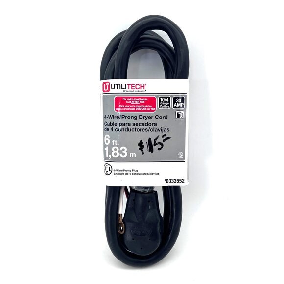 Utilitech 4-Wire Prong Plug Dryer Power Cord 6 Ft 10/4 SRDT Gauge 30 AMP New - Picture 4 of 9